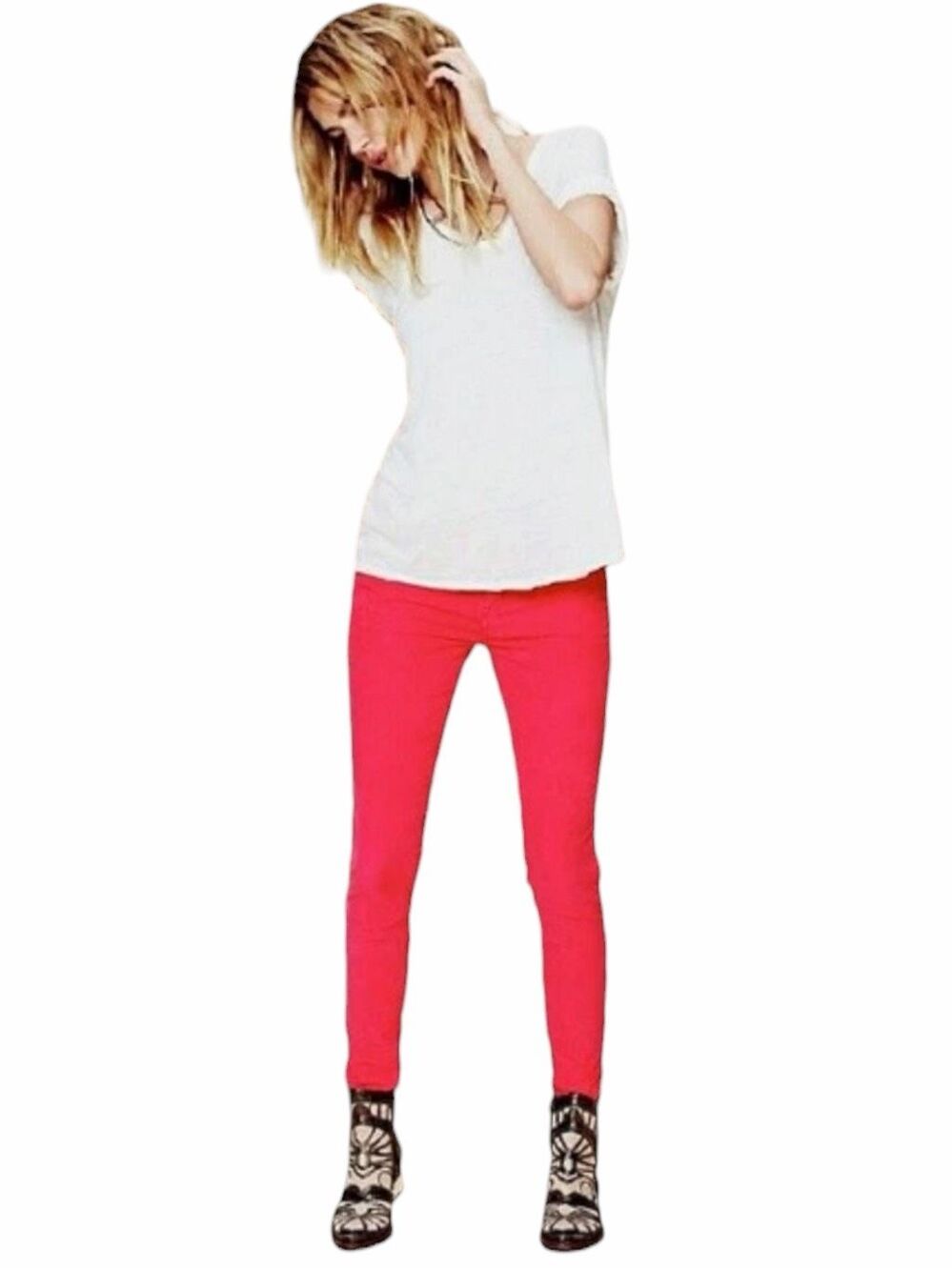 FREE PEOPLE 5-Pocket Skinny Corduroy Pants Bright Pink Red Size 26